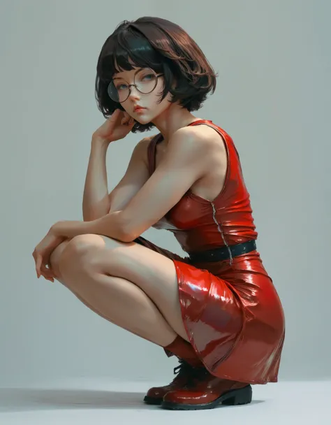 a woman in a short red latex skirt and round glasses, short hair posing for a photo, a hyperrealistic anime girl, hyperrealistic...