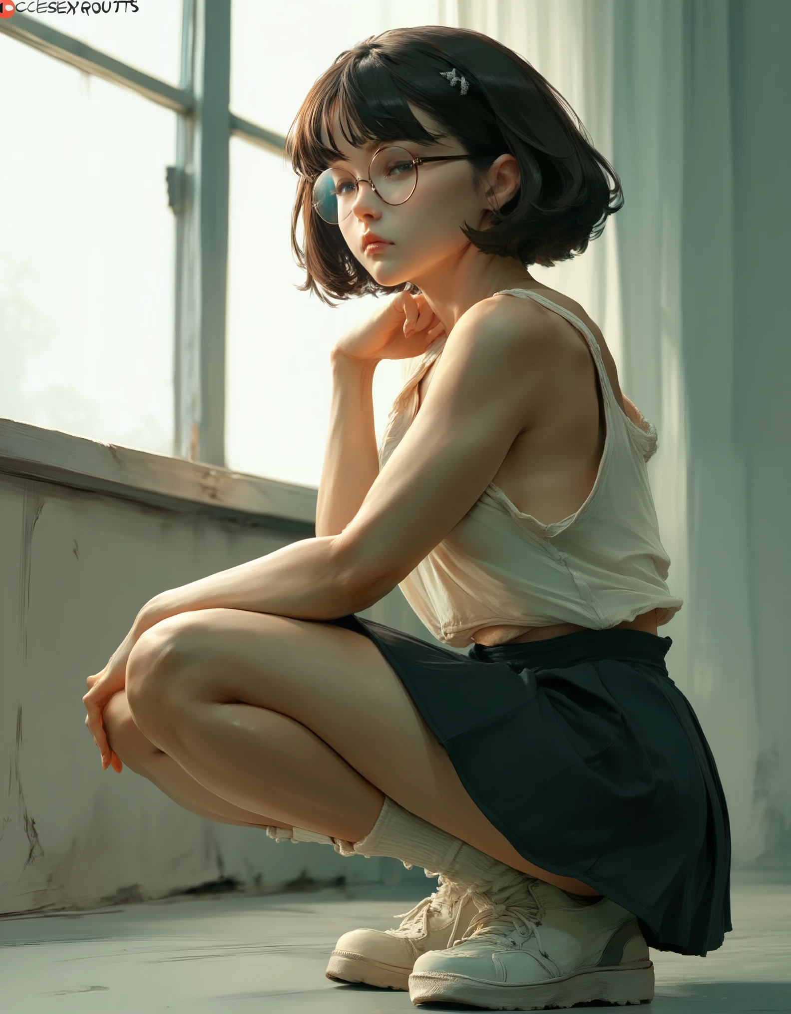 a woman in a short skirt and round glasses, short hair posing for a photo, a hyperrealistic anime girl, hyperrealistic, cutesexyrobutts, realistic and seductive, backlit, curved, ecchi, ecchi anime style, oppai, cute anime girl squatting, ecchi style, pouting , anime, Realism, anatomically correct, super detail, high quality, 4K, textured skin, high resolution