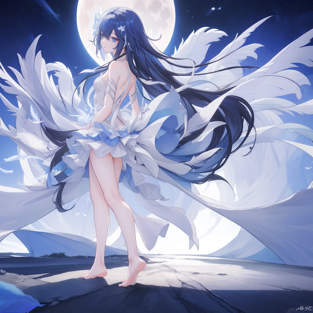 ((A very far view)) of a anime girl, (standing in the moon), cinematic light, slim body with curves, skin perfectly white, soft, and smooth, Extremely delicate and beautiful CG illustration, best quality, high resolution, dynamic angle, full-length lens, (1 girl), soft light, high-key lighting), glowing light, blue aura, feathers fluttering background, blue crystal, black long hair, barefoot