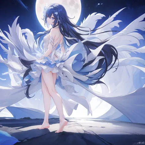((A very far view)) of a anime girl, (standing in the moon), cinematic light, slim body with curves, skin perfectly white, soft,...