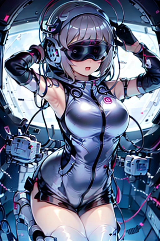 1 Girl, whole body, (space helmet):10,He has a large metal helmet on his head that covers his hair and eyes., tube, wire, She gets electrocuted, brainwashing,astrovest,bing_astronaut,blush,torogao,