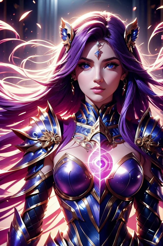 one woman, 25 year old, Greek goddness, purple hairs, blue eyes, greece, ancien temple, perfect bosy, masterclass, HD, 8k, wearing an armor, armor with a lion design, white cape, enegy aura