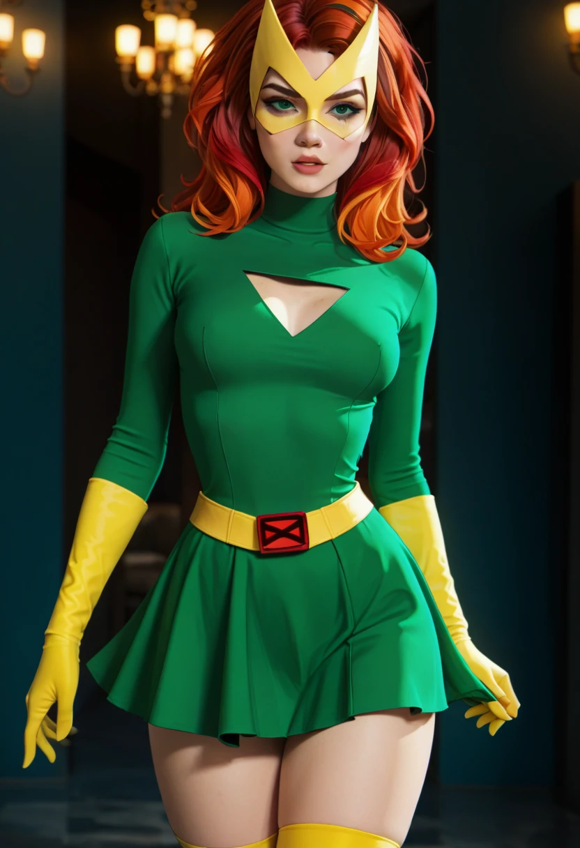  redhead woman wears a green dress and a yellow mask and stockings,  powerfull superhero, sexy poses  . High dynamic range, vivid, rich details, clear shadows and highlights, highly detailed