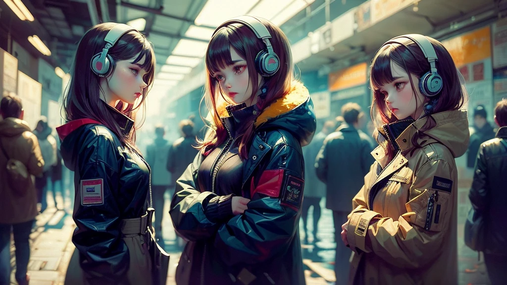 Three different colorful anime girls with headphones and hair, model iG | artegerm, artegerm style, artegerm style, artegerm style, artegerm extremamente detalhado, Trend in CGTacing:, no artegerm style, digital cyberpunk anime art, ross tran style, artgerm trends, artegerm. high détail 