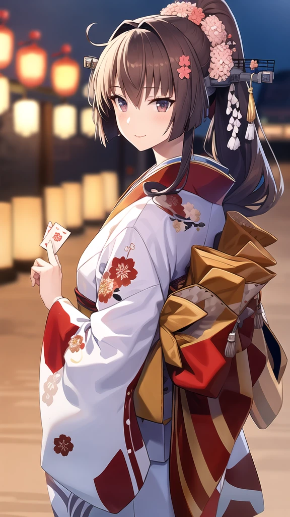 hanafuda \(yys\), hanafuda, 1girl, solo,
 yamato_\(kancolle\), 
(newyear_costume), japanese_clothes, kimono, long_sleeves, wide_sleeves, obi, headgear, long hair, kimono, sash, floral print, winking eyes