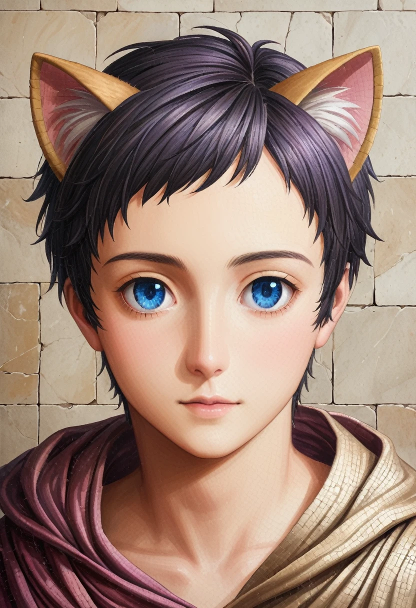 detailed illustration, dynamic angle, ultra-detailed, illustration, clean line art, shading, anime, detailed eyes, detailed face, beautiful face, dramatic lighting, detailed illustration, dynamic angle, ultra-detailed, illustration, masterpiece, masterwork, beautiful, blue eyes, whole body shot

Neko, cat boy, dressed in purple silk robes, gold leaf inlay mosaic, Byzantine mosaic, has a beard, cat ears, cat tail, cat eyes, Byzantine monk