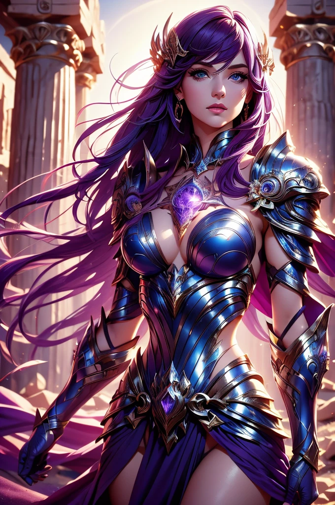 one woman, 25 year old, Greek goddness, purple hairs, blue eyes, greece, ancien temple, perfect bosy, masterclass, HD, 8k, wearing an armor, armor with a lion design, white cape, dark enegy aura, in an ancient greek temple in ruins