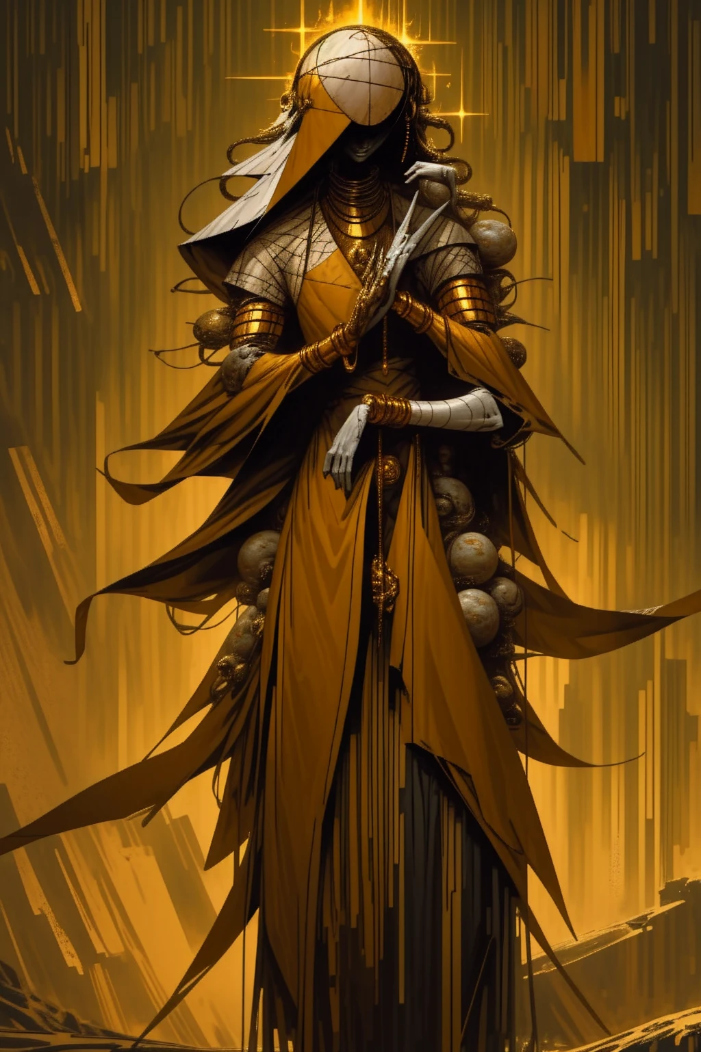 a tall menacing figure, wide shoulders, frail body, gaunt, body is withering/decaying, covered head to toe in a tattered yellow cloak, yellow cloak covering whole body except forearms, tattered yellow hood over the head, scrappy yellow veil covering entire face, face completely (concealed), can't see face, old yellow stained bandage wraps loosely cover arms, many golden bangles all over both forearms, covered in golden jewelry, old decrepit hands, hands hovering just over the naval, hands are steepling together, a giant golden sunset behind them,