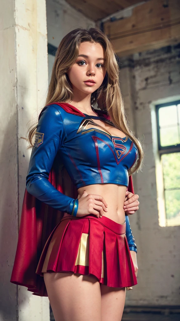 brecbassinger is Supergirl, long blonde hair, wearing (Supergirl cheerleader, red cape, cropped top, pleated red miniskirt),(big breasts:1.2),(huge cleavage), (breast size 40D), jumping, highly detailed, Artstation, smooth, sharp focus, 8K,hyper realistic, detailed,epic realisticm rutkowski, hdr, intricate details, hyperdetailed, contrast, cinematic, rim ligth, muted colors:1. 2, (masterpiece, best quality, ultra detailed, absurdres:1.5)