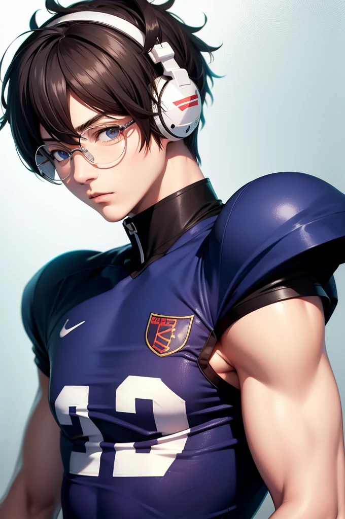 Ren Amamiya Persona,Anime masculino,uniforme de futbol, anteojos, auriculares en la cabeza