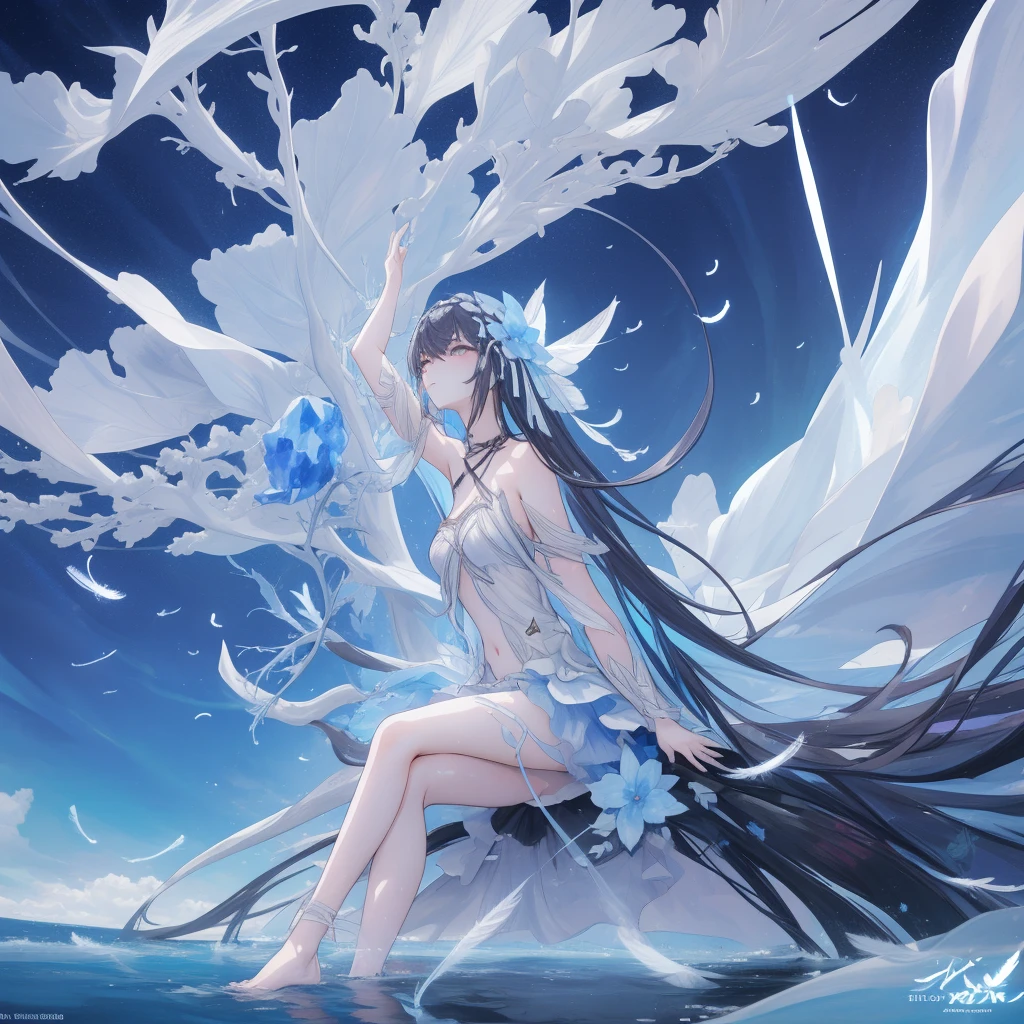 ((A very far view)) of a anime girl, (sitting in the water), cinematic light, slim body with curves, skin perfectly white, soft, and smooth, Extremely delicate and beautiful CG illustration, best quality, high resolution, dynamic angle, full-length lens, (1 girl), soft light, high-key lighting), glowing light, blue aura, feathers fluttering background, blue crystal, black long hair, barefoot