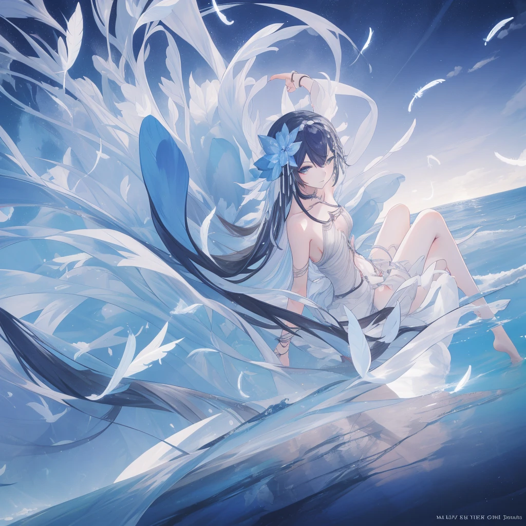 ((A very far view)) of a anime girl, (sitting in the water), cinematic light, slim body with curves, skin perfectly white, soft, and smooth, Extremely delicate and beautiful CG illustration, best quality, high resolution, dynamic angle, full-length lens, (1 girl), soft light, high-key lighting), glowing light, blue aura, feathers fluttering background, blue crystal, black long hair, barefoot