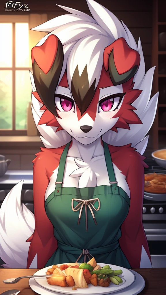 By zinfyu,by twistedscarlet60, uploaded on pixiv, by fluff-kevlar, (masterpiece), (best quality), (solo female:1.2), (extremely detailed:1.3),(detailed eye,black circle on eye,pink eye), lycanroc midnight, view on viewer, close view, shy face, half body on potrait, only body and head, close view, wearing cooking apron,in kitchen, serving many food, (tail:1.1), closeup photo of lycanroc