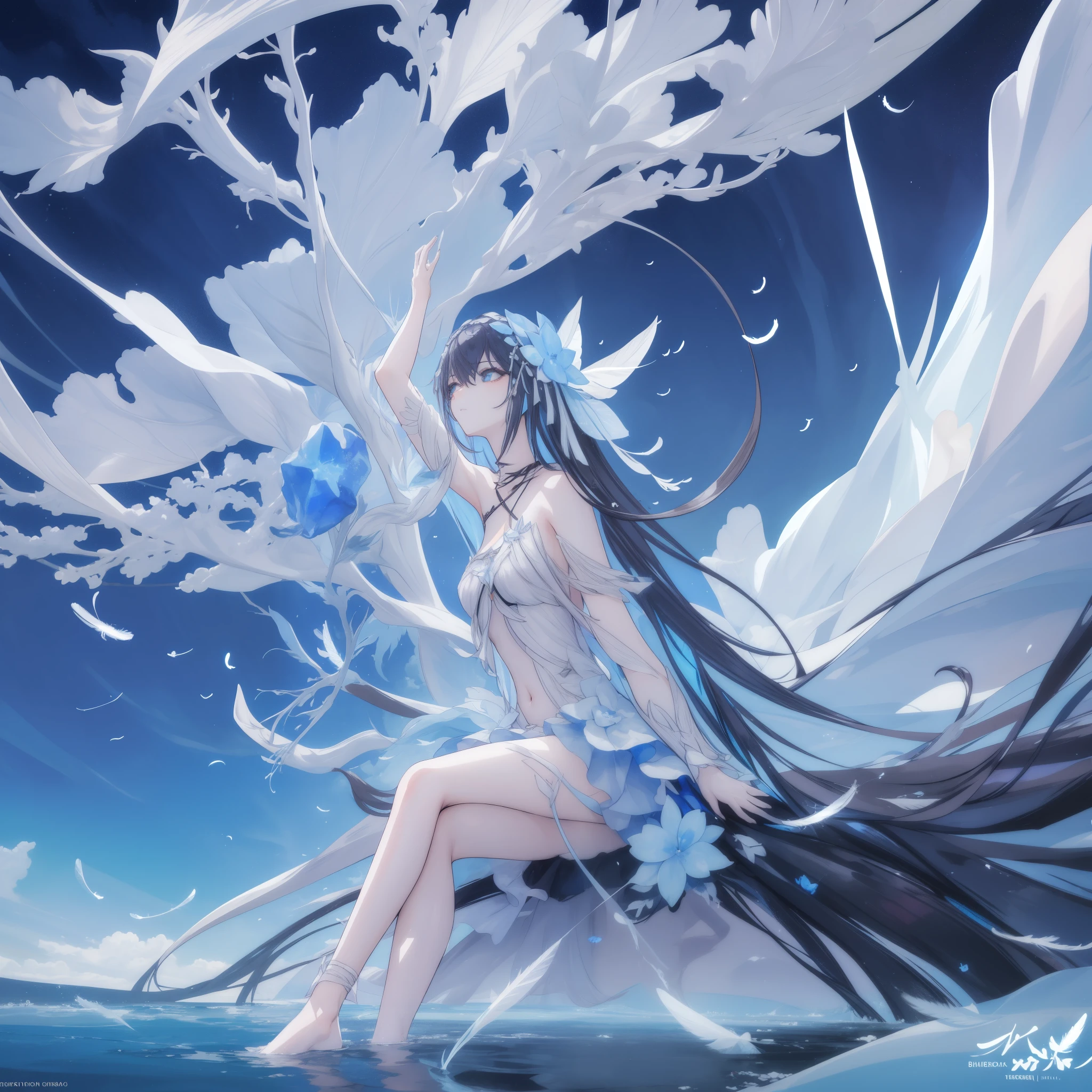 ((A very far view)) of a anime girl, (sitting in the water), cinematic light, slim body with curves, skin perfectly white, soft, and smooth, Extremely delicate and beautiful CG illustration, best quality, high resolution, dynamic angle, full-length lens, (1 girl), soft light, high-key lighting), glowing light, blue aura, feathers fluttering background, blue crystal, black long hair, barefoot