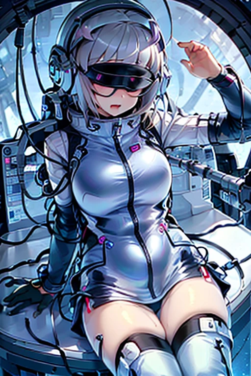 1 Girl, whole body, (space helmet):10,He has a large metal helmet on his head that covers his hair and eyes., tube, wire, She gets electrocuted, brainwashing,astrovest,bing_astronaut,blush,torogao,