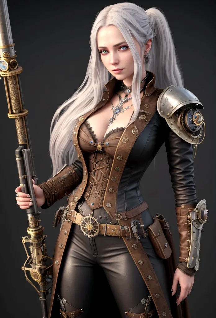 Very beautiful Steampunk lady, long silver hair, steampunk outfit and weapon, hyperrealism, photorealistic, 8k, unreal engine.
