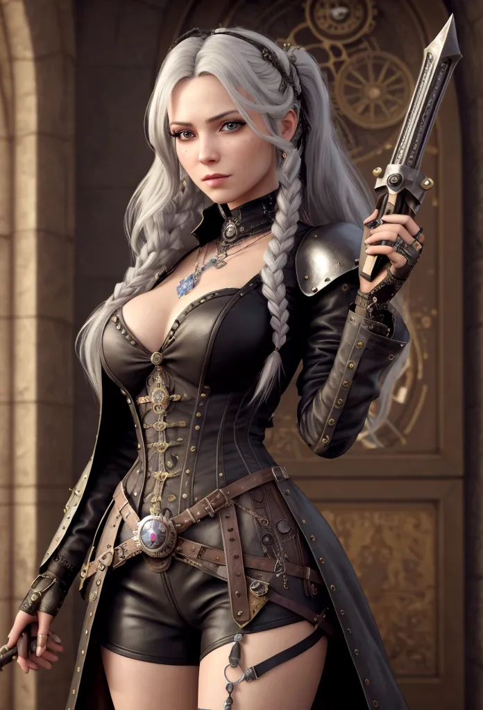 Very beautiful Steampunk lady, long silver hair, steampunk outfit and weapon, hyperrealism, photorealistic, 8k, unreal engine.