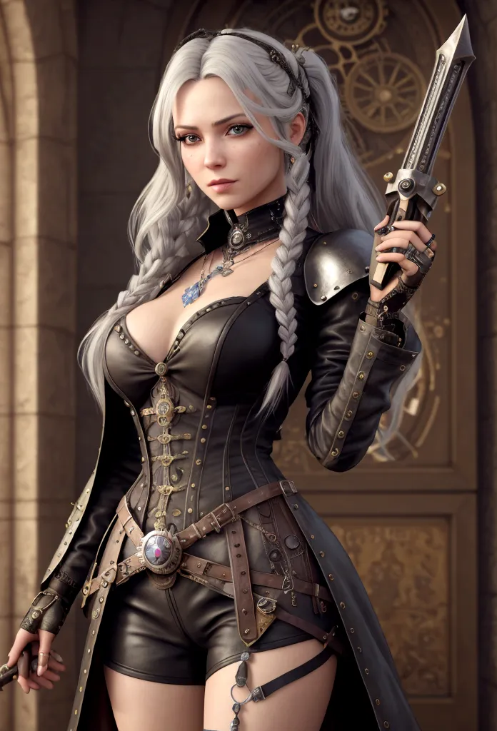 very beautiful steampunk lady, long silver hair, steampunk outfit and weapon, hyperrealism, photorealistic, 8k, unreal engine.