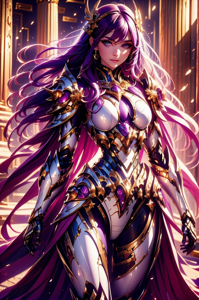 one woman, 25 year old, Greek goddness, purple hairs, blue eyes, greece, ancien temple, perfect bosy, masterclass, HD, 8k, wearing an armor, armor with a lion design, white cape, dark enegy aura, in an ancient greek temple in ruins
