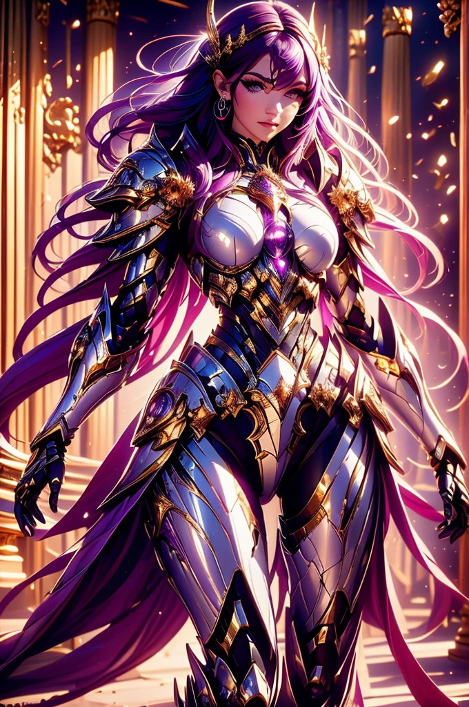 one woman, 25 year old, Greek goddness, purple hairs, blue eyes, greece, ancien temple, perfect bosy, masterclass, HD, 8k, wearing an armor, armor with a lion design, white cape, dark enegy aura, in an ancient greek temple in ruins