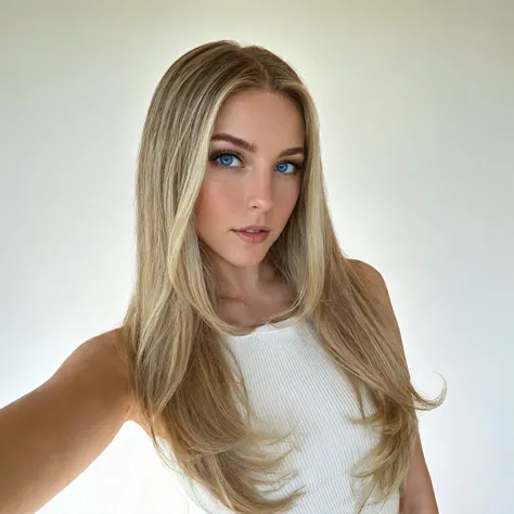 Blonde woman with long hair and blue eyes posing for a photo., brunette with dyed blonde hair, with long blonde hair, long luxur...