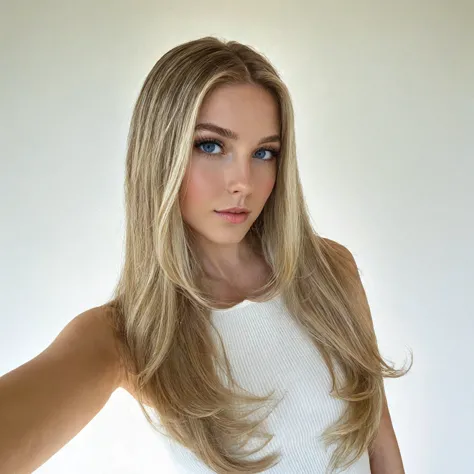 Blonde woman with long hair and blue eyes posing for a photo., brunette with dyed blonde hair, with long blonde hair, long luxur...
