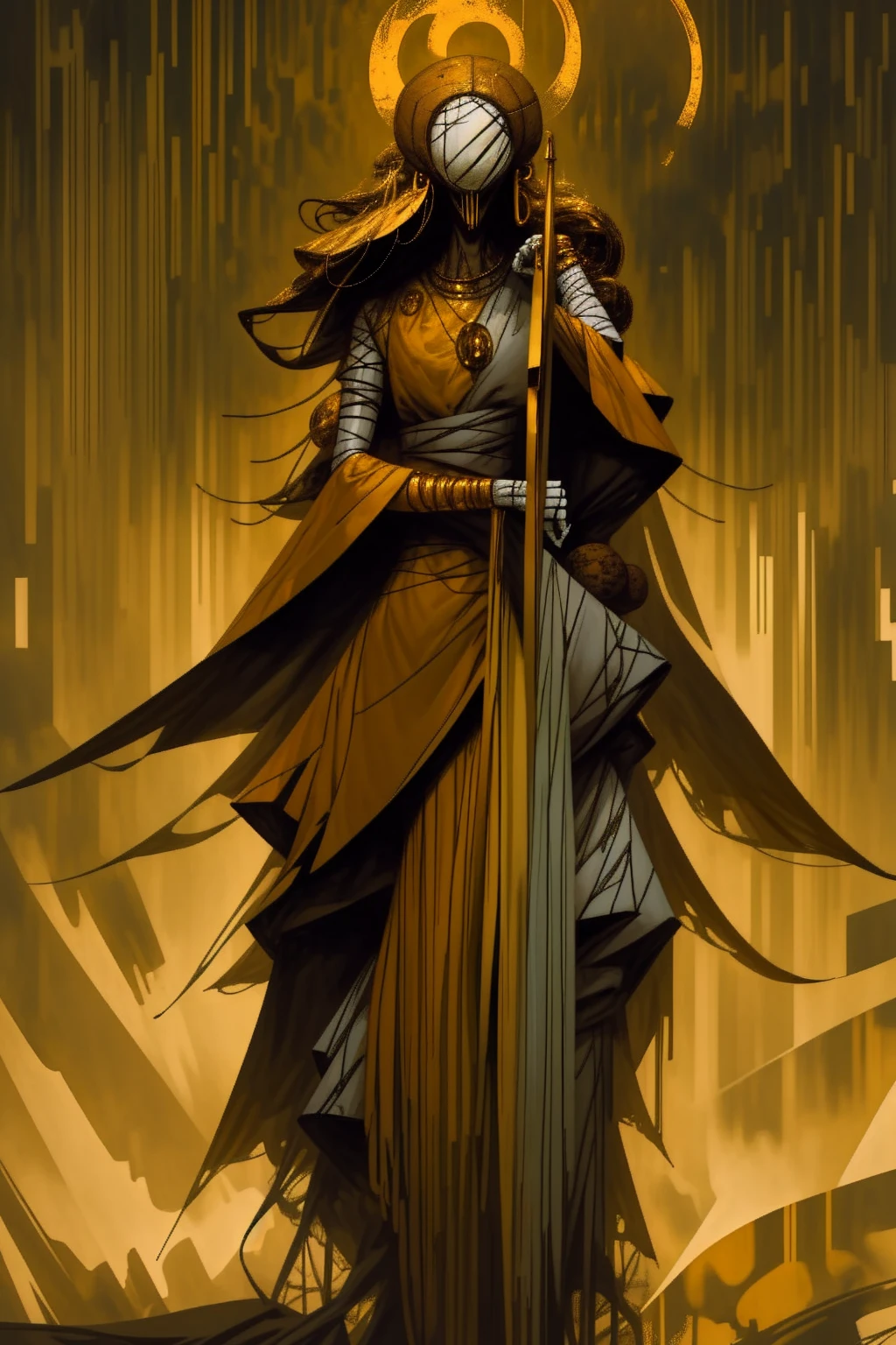 a tall menacing figure, wide shoulders, frail body, gaunt, body is withering/decaying, covered head to toe in a tattered yellow cloak, tattered yellow hood over the head, scrappy yellow veil hanging over entire face, face completely (concealed), old yellow stained bandage wraps loosely cover arms, many golden bangles loosely hanging off both forearms, covered in golden jewelry, old decrepit hands, a giant golden sunset behind them, decaying entity, flowing yellow cloak over entire body