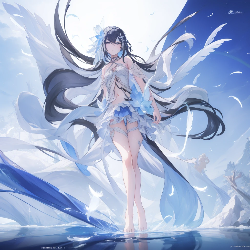 ((A far view)) of a anime girl, (standing in the water), cinematic light, slim body with curves, skin perfectly white, soft, and smooth, Extremely delicate and beautiful CG illustration, best quality, high resolution, dynamic angle, full-length lens, (1 girl), soft light, high-key lighting), glowing light, blue aura, feathers fluttering background, blue crystal, black long hair, barefoot