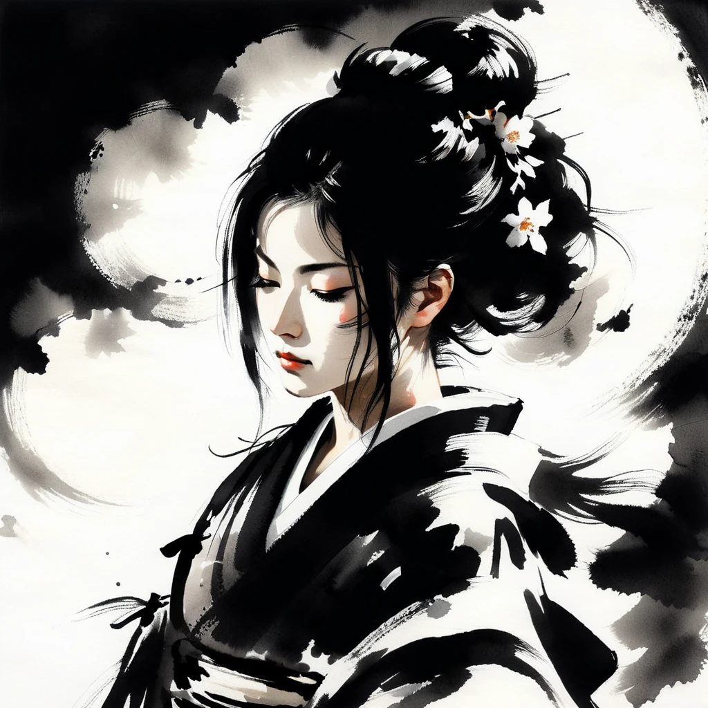 Top quality, masterpiece, samurai girl, long black hair, kimono, meditating in the dark, eyes closed, sumi-e, double exposure, shining light