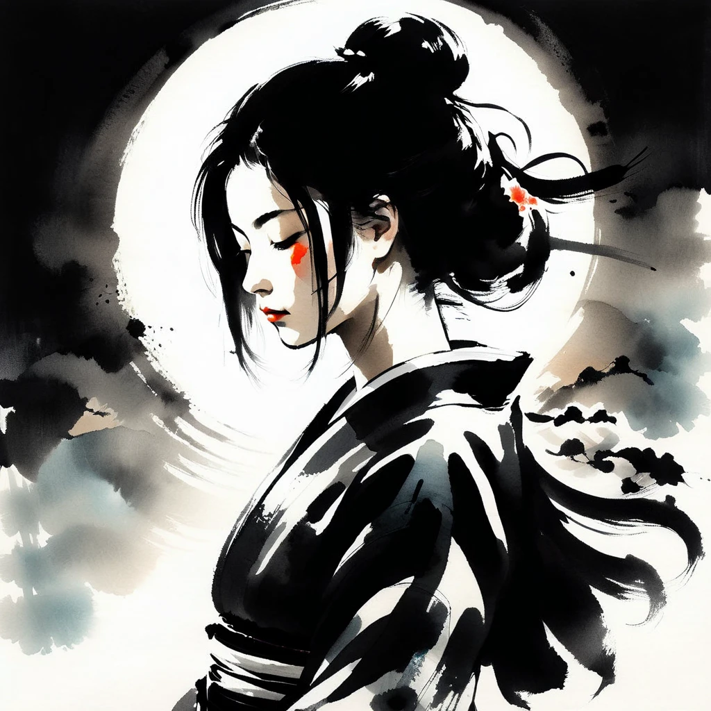 Top quality, masterpiece, samurai girl, long black hair, kimono, meditating in the dark, eyes closed, sumi-e, double exposure, shining light