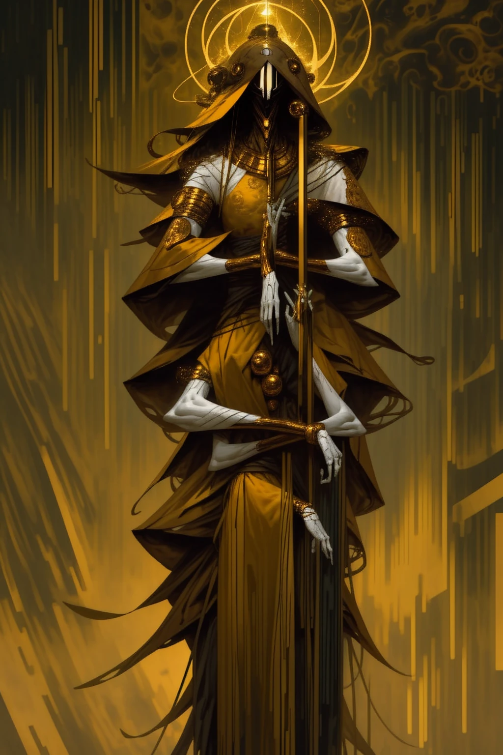 a tall menacing figure, wide shoulders, frail body, gaunt, body is withering/decaying, covered head to toe in a tattered yellow cloak, tattered yellow hood over the head, scrappy yellow veil hanging over entire face, face completely (concealed), old yellow stained bandage wraps loosely cover arms, many golden bangles loosely hanging off both forearms, covered in golden jewelry, old decrepit hands, a giant golden sunset behind them, decaying entity, flowing yellow cloak over entire body, divine being, cosmic horror