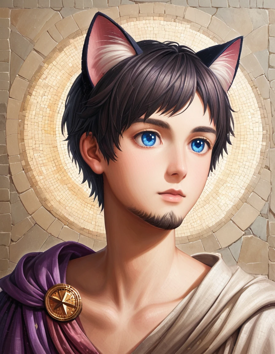 detailed illustration, dynamic angle, ultra-detailed, illustration, clean line art, shading, anime, detailed eyes, detailed face, beautiful face, dramatic lighting, detailed illustration, dynamic angle, ultra-detailed, illustration, masterpiece, masterwork, beautiful, blue eyes, whole body shot

Neko, cat boy, dressed in purple silk robes, gold leaf inlay mosaic, Byzantine mosaic, has a beard, cat ears, cat tail, cat eyes, Byzantine monk