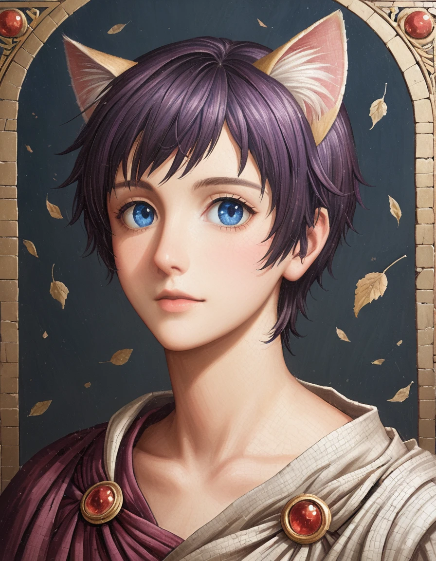 detailed illustration, dynamic angle, ultra-detailed, illustration, clean line art, shading, anime, detailed eyes, detailed face, beautiful face, dramatic lighting, detailed illustration, dynamic angle, ultra-detailed, illustration, masterpiece, masterwork, beautiful, blue eyes, whole body shot

Neko, cat boy, dressed in purple silk robes, gold leaf inlay mosaic, Byzantine mosaic, has a beard, cat ears, cat tail, cat eyes, Byzantine monk