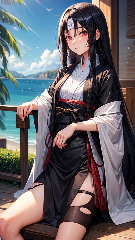 girl, long black hair, itachi&#39;s female appearance, black and red robes, sharingan eyes, background in konoha