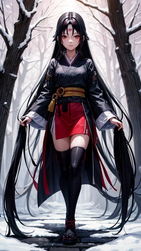 girl, long black hair, itachi&#39;s female appearance, black and red robes, sharingan eyes, background in konoha