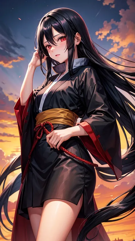 girl, long black hair, itachi&#39;s female appearance, black and red robes, sharingan eyes, background in konoha