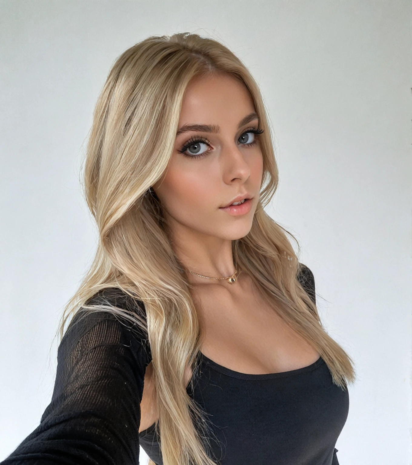 Blonde woman with long hair and a black top posing for a photo, 2 4 year old female model, long blonde hair and big eyes, brunette with dyed blonde hair, blonde hair and big eyes, she is wearing a black tank top, sexy girl with long blonde hair, with long blonde hair, A girl with blonde hair, Aleksandra Waliszewska