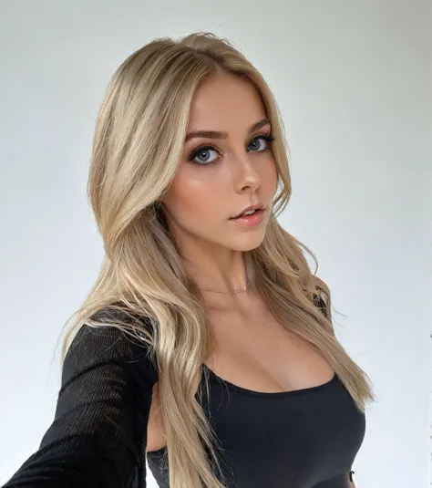 Blonde woman with long hair and a black top posing for a photo, 2 4 year old female model, long blonde hair and big eyes, brunet...