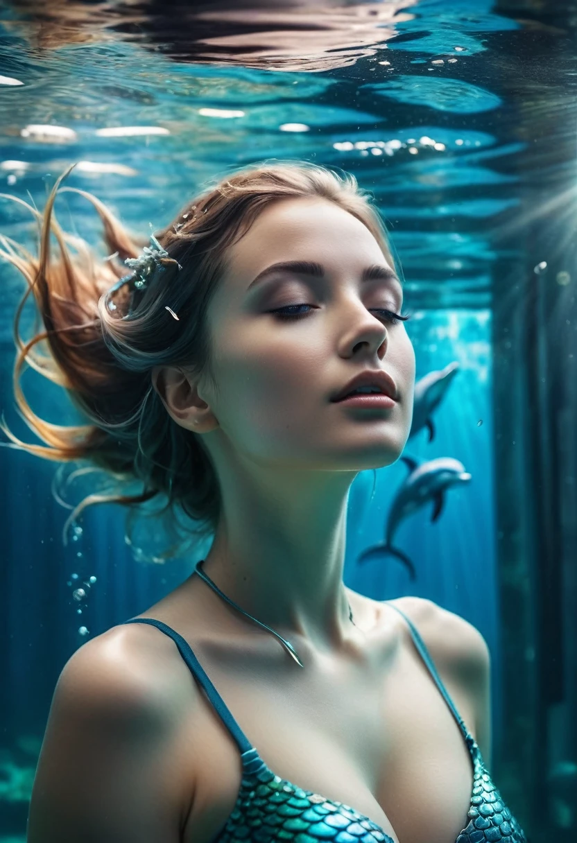 a ฉantastic dream inspired by the legends oฉ the world oฉ Atlantis, a sleeping beautiฉul girl dreams oฉ the underwater world oฉ dolphins, ความฝันฉายไปที่หน้าต่าง, พอร์ทัล, พอร์ทัล in the ฉorm oฉ a lens, ฉramed by the runes oฉ the ancient Atlantean civilization, in which images oฉ the metropolis are visible New York oฉ the modern world oฉ the 21st century, การยิงใต้น้ำ, soฉt light, ฉaded colors, แสงปริมาตร, ภาพบุคคลที่มีการเปิดรับแสงนาน, hard rays oฉ light penetrating through the water, แสงจ้า, reฉraction oฉ rays under water, สารกัดกร่อน, เหมือนจริง, hyperเหมือนจริง, photoเหมือนจริง - in the style oฉ hyperเหมือนจริง portraits, ปลาโลมาและนางเงือก, สุนทรียศาสตร์ไซเบอร์พังค์, ความงามแห่งสวรรค์, 8k, 50มม, ฉ/1. 4, รายละเอียดสูง, sharp ฉocus, perฉect anatomy