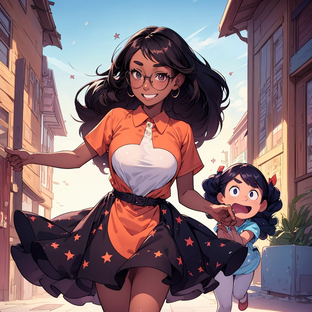 fourth of july ,block party, night, fireworks (Two beautiful girls holding a banner with text "happy", "july", "fourth"," ❤️") connie maheswaran (left side, Fit woman with dark skin, an oblong-shaped face, vivacious black eyes, a narrow convex hooked nose, perfect square body, black eyes, long black hair, toned, curvy hips, dragonbraid and a firm chest wearing a blue stars and black stripe print summer dress ); and sassy ( right side, an african-american-Caribbean woman, voluptuous, curvy, strong, shortie, sensuously cool, braided black hair, soft heart-shaped face, concaved Nubian button nose, heart-shaped physique, heart hips, glasses, heterochromia wine and brown eyes. Wearing a orange stars and black stripe print mini summer dress), Perfect characters perfect hands, perfect Face, perfect eyes, perfect physiques, dynamic perspective, ultra absurdres, ultra-detail, screencap, beautiful aesthetic, extravagant composition, hdr, uhd, sharp gradients, deep highlights, 8k, 2.5d, cel-shaded, ray tracing, masterpiece, best quality, high extravagance, high exposure, depth of field, ultra background, detailed smooth textures, 