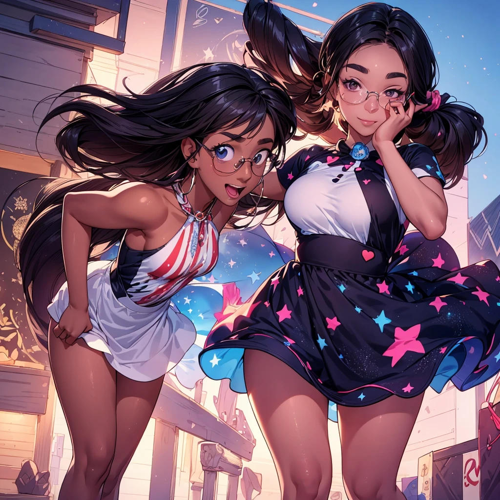 fourth of july ,block party, night, fireworks (Two beautiful girls holding a banner with text "happy", "july", "fourth"," ❤️") connie maheswaran (left side, Fit woman with dark skin, an oblong-shaped face, vivacious black eyes, a narrow convex hooked nose, perfect square body, black eyes, long black hair, toned, curvy hips, dragonbraid and a firm chest wearing a blue stars and black stripe print summer dress ); and sassy ( right side, an african-american-Caribbean woman, voluptuous, curvy, strong, shortie, sensuously cool, braided black hair, soft heart-shaped face, concaved Nubian button nose, heart-shaped physique, heart hips, glasses, heterochromia wine and brown eyes. Wearing a orange stars and black stripe print mini summer dress), Perfect characters perfect hands, perfect Face, perfect eyes, perfect physiques, dynamic perspective, ultra absurdres, ultra-detail, screencap, beautiful aesthetic, extravagant composition, hdr, uhd, sharp gradients, deep highlights, 8k, 2.5d, cel-shaded, ray tracing, masterpiece, best quality, high extravagance, high exposure, depth of field, ultra background, detailed smooth textures, 