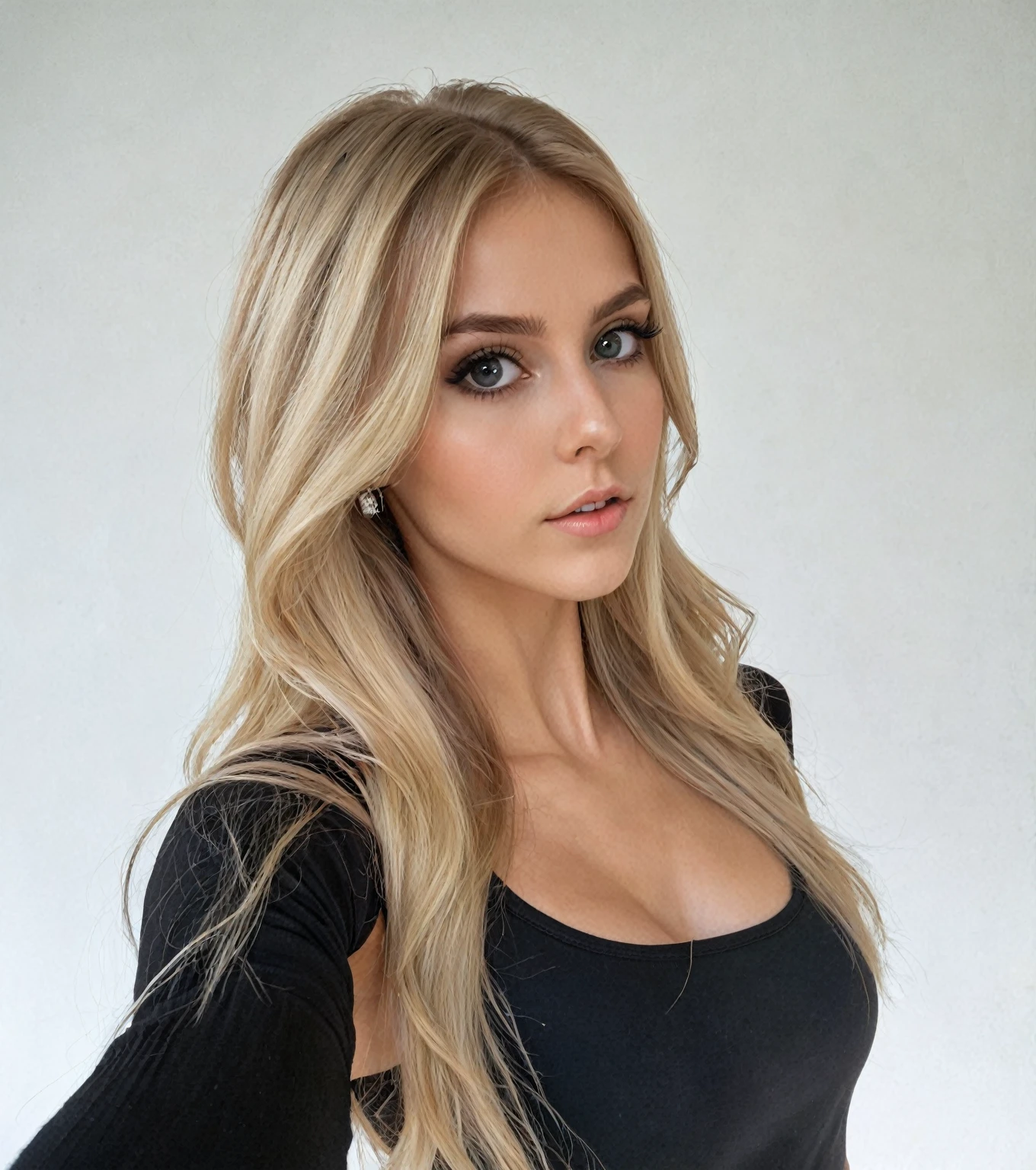 Blonde woman with long hair and a black top posing for a photo, 2 4 year old female model, long blonde hair and big eyes, brunette with dyed blonde hair, blonde hair and big eyes, she is wearing a black tank top, sexy girl with long blonde hair, with long blonde hair, A girl with blonde hair, Aleksandra Waliszewska