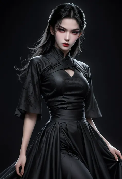 (best quality, high resolution:1.2), Practical, Black skirt, Black Hair, Dark theme, black background, Dark Ninja, Strong gaze, ...