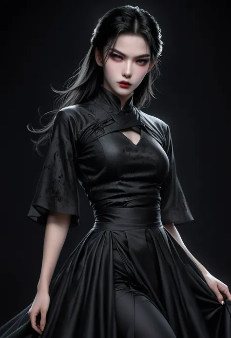 (best quality, high resolution:1.2), practical, black skirt, black hair, dark theme, black background, dark ninja, strong gaze, ...