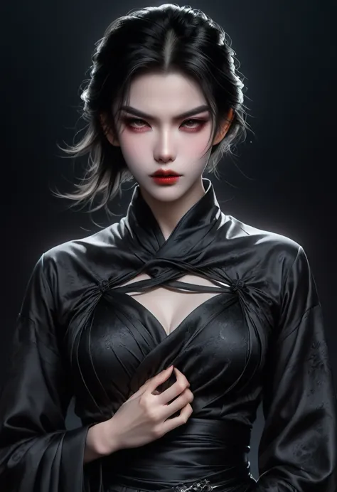 (best quality, high resolution:1.2), Practical, Black skirt, Black Hair, Dark theme, black background, Dark Ninja, Strong gaze, ...