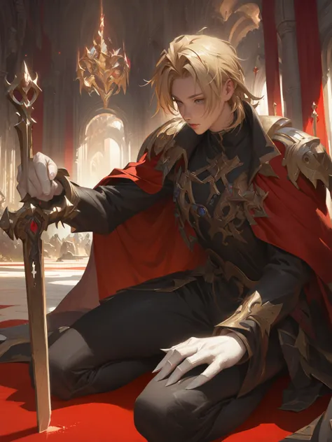 anime - style image of a man in a red cape sitting on a red carpet, portrait of magical blond prince, zerochan art, inspired by ...