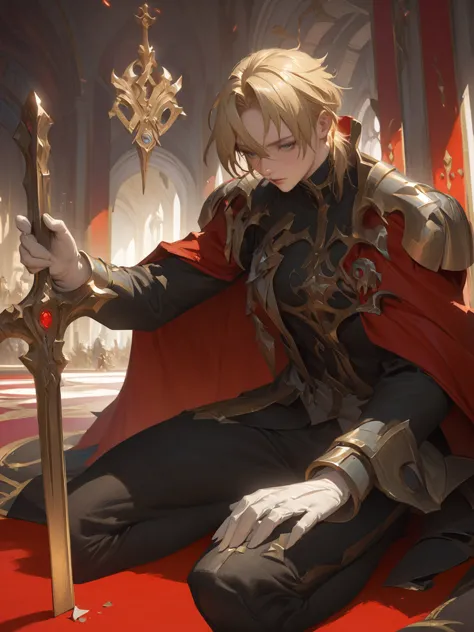 anime - style image of a man in a red cape sitting on a red carpet, portrait of magical blond prince, zerochan art, inspired by ...