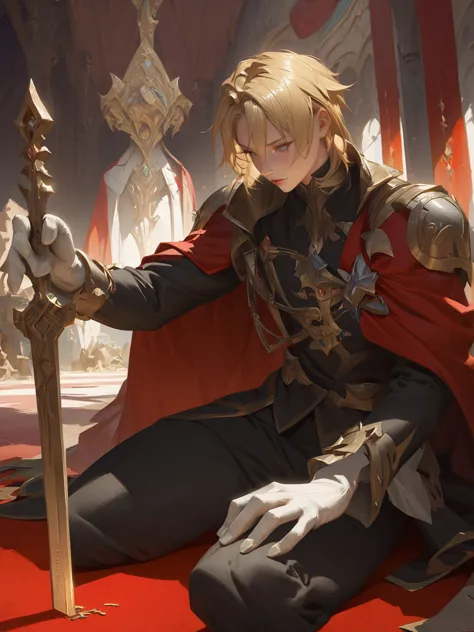 anime - style image of a man in a red cape sitting on a red carpet, portrait of magical blond prince, zerochan art, inspired by ...