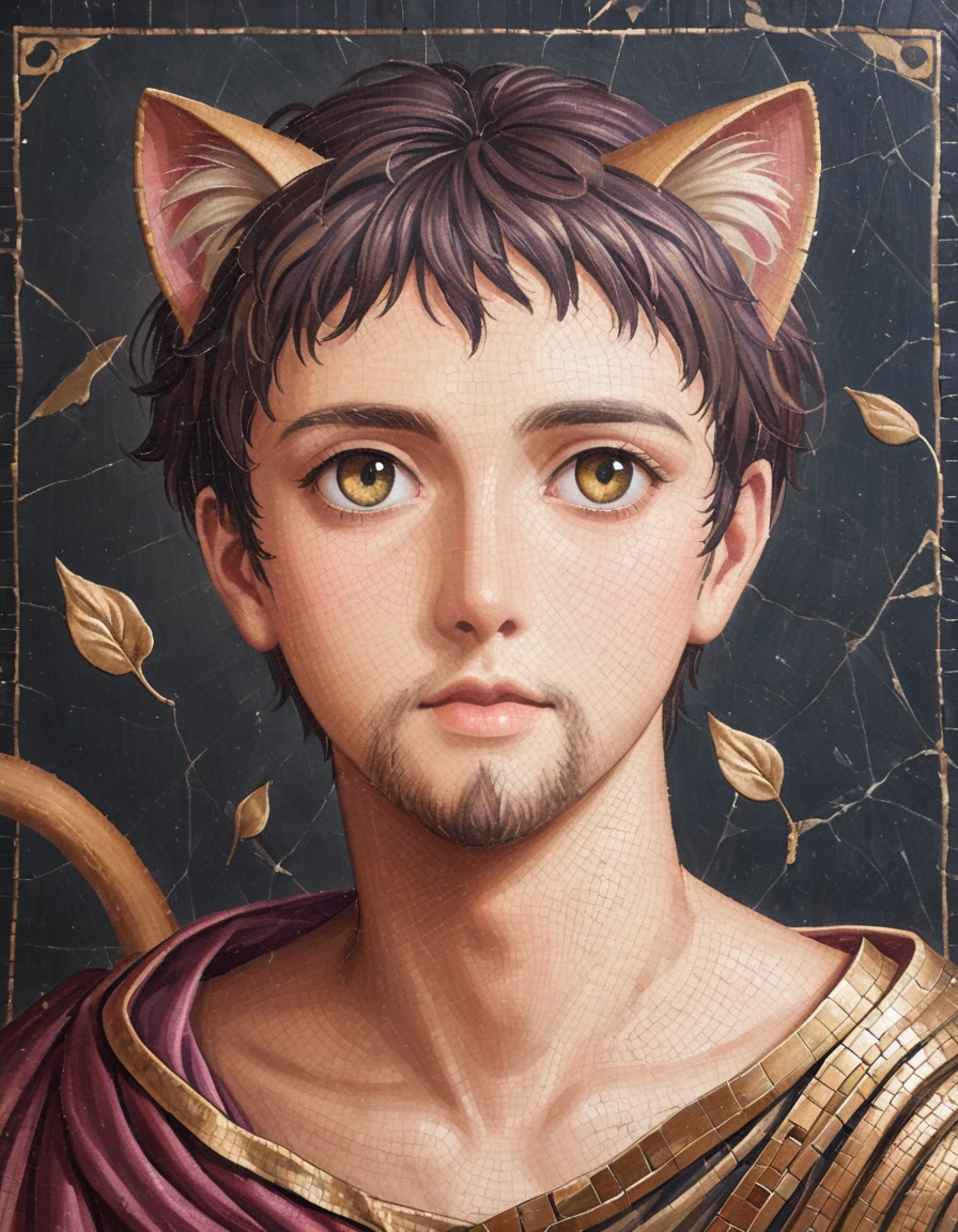 detailed illustration, dynamic angle, ultra-detailed, illustration, clean line art, shading, anime, detailed eyes, detailed face, beautiful face, dramatic lighting, detailed illustration, dynamic angle, ultra-detailed, illustration, masterpiece, masterwork, beautiful, whole body shot

Neko, cat boy, dressed in purple silk robes, gold leaf inlay mosaic, Byzantine mosaic, has a full beard, cat ears, cat tail, cat eyes, Byzantine monk, gold and purple motif, imperial,