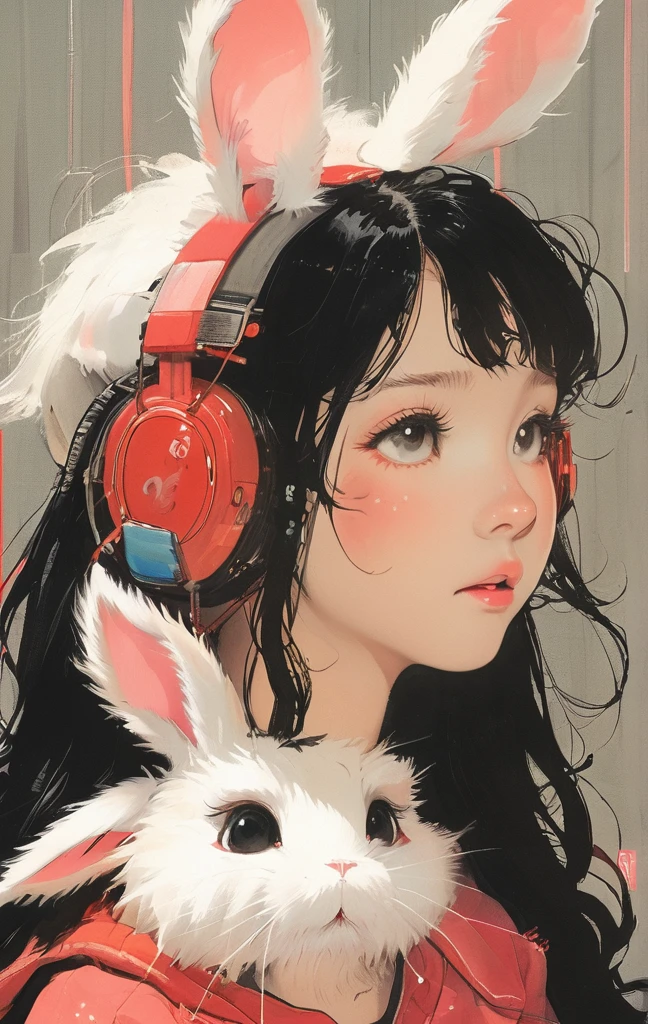 Sur un campus rouge vif"Oui"personnage、belle illustration, Meilleure qualité, jolie fille, Chambre à coucher, couleur pastel, Oreilles de lapin moelleuses, , cheveux longs argentés, Peluche lapin, éclairage lumineux, yeux rose clair、seul, Une fille, profil,Bob noir,　profil,  La couleur de fond est jaune uni,Une illustration